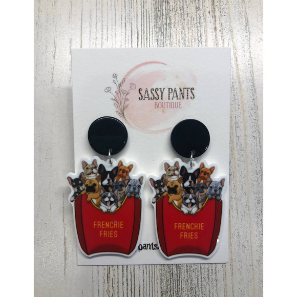 Cute Frenchie Fries Puppy Dog Earrings French Bulldog - Picture 1 of 1